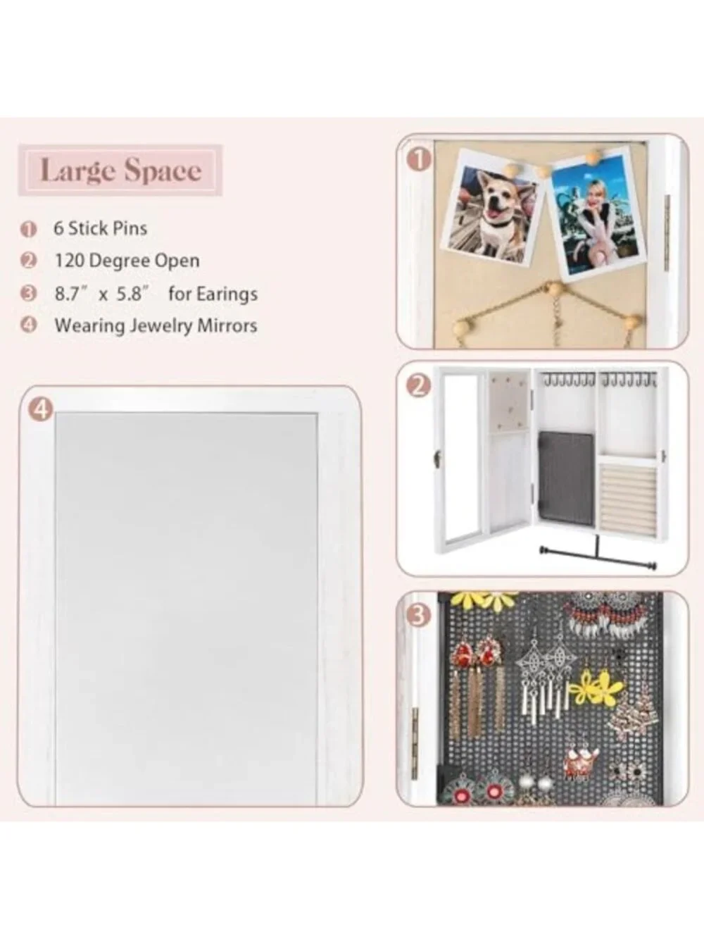 Rustic Wall Jewelry Organizer with Mirror - Large Capacity Storage for